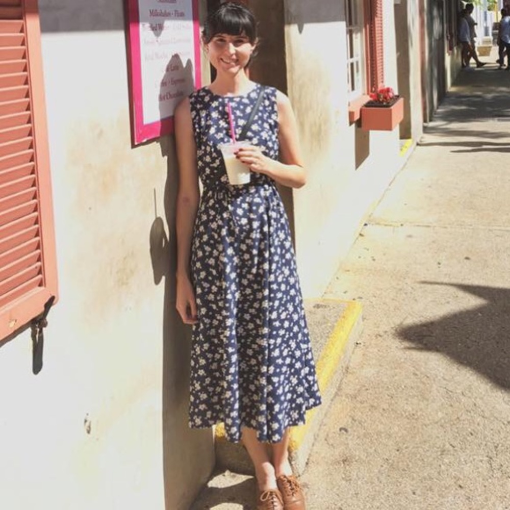 Vintage thrifted navy blue floral maxi dress small